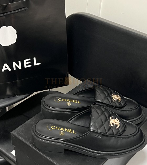 Ch**el Quilted Slip-On Black Loafer Mules Lamskin Leaher