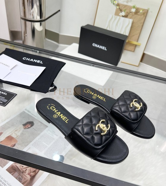 Ch**el Logo Slides Sandals Black Leather Sole 35-43