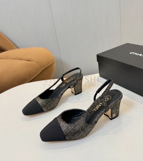 Ch**el Slingback Heels Lambskin & Calfskin Heel 6.5cm