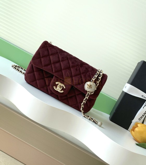 Ch**el Ch**el 25B Velvet Flap Bag with Crystal Ball Charm 18cm/20cm