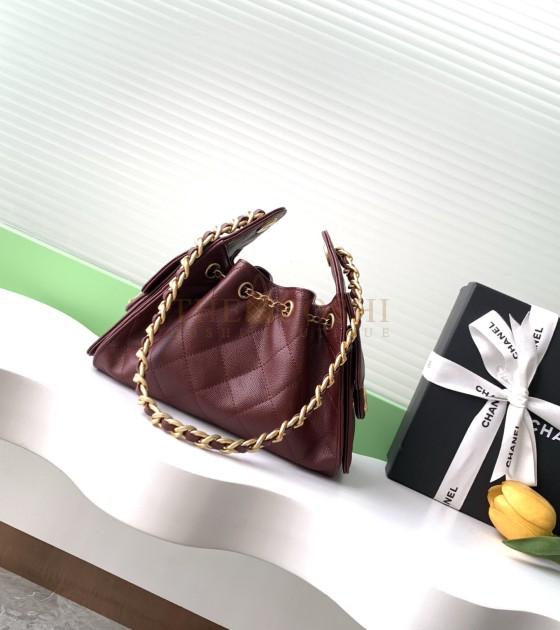 Ch**el 25C Hobo AS5631 Hobo Drawstring Bag Burgundy Leather with Gold Chain 22*12.5*20CM Master Quality