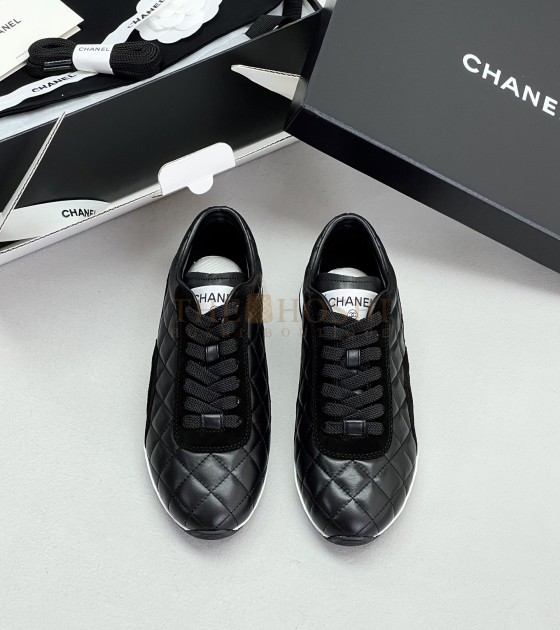 Ch**el Leather Sneakers Black Calfskin Low-Top Women's