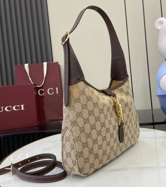 Gvc*1 Jackie Slim Famiglia Crossbody Bag GG Canvas Leather Trim Beige Brown 28×19×4.5cm Master quality