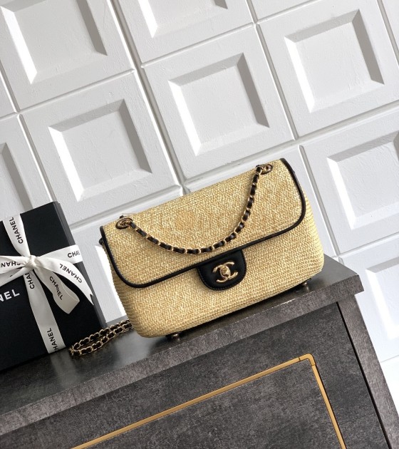 Ch**el Raffia Flap Bag Woven Straw with Lambskin Trim Khaki 26cm