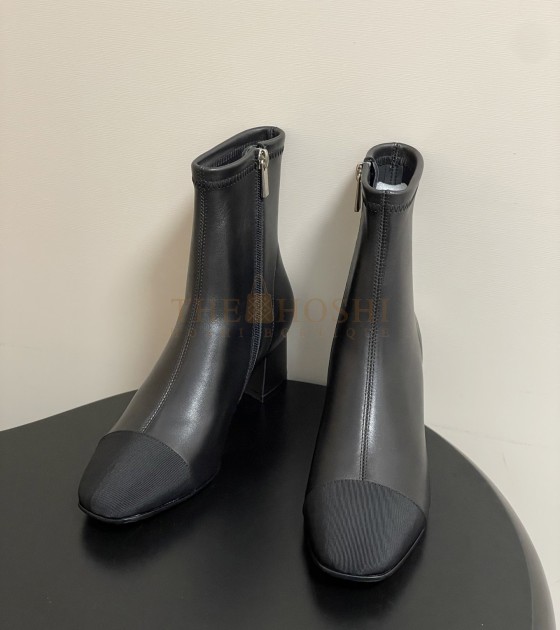 Ch**el Square-Toe Ankle Boots Elastic Lambskin & Leather Sole Black Women's Size 35-42 Heel 5cm Master Quality