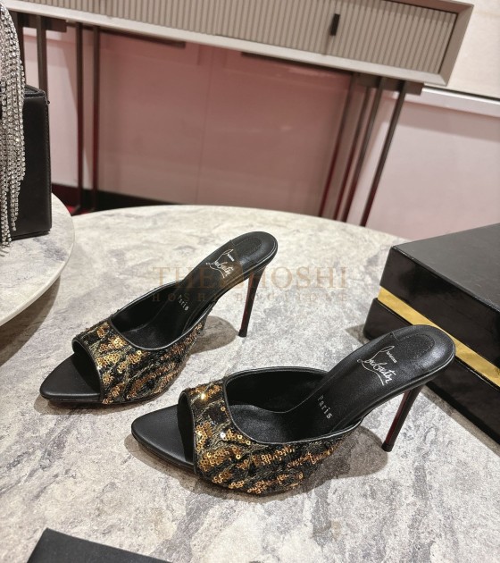 Chr1st1an Louboutin CL Pointed-Toe Heels Glossy Calfskin with Leopard Sequins Black Size Women