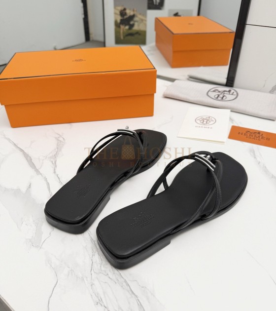 H**me5 Miss Sandals Black Box Calfskin Leather Master Quality