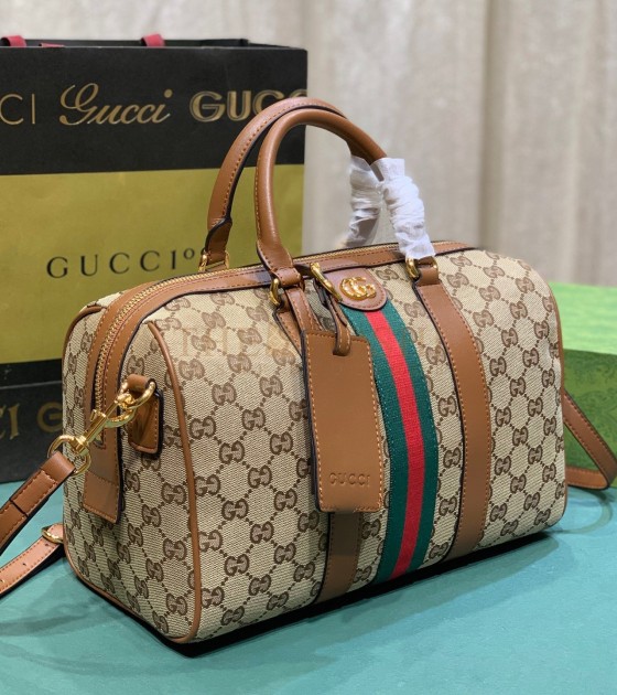 Gvc*1 Ophidia Pillow Bag 30x16x20cm Canvas Red/Green Web Leather Trim Master Quality