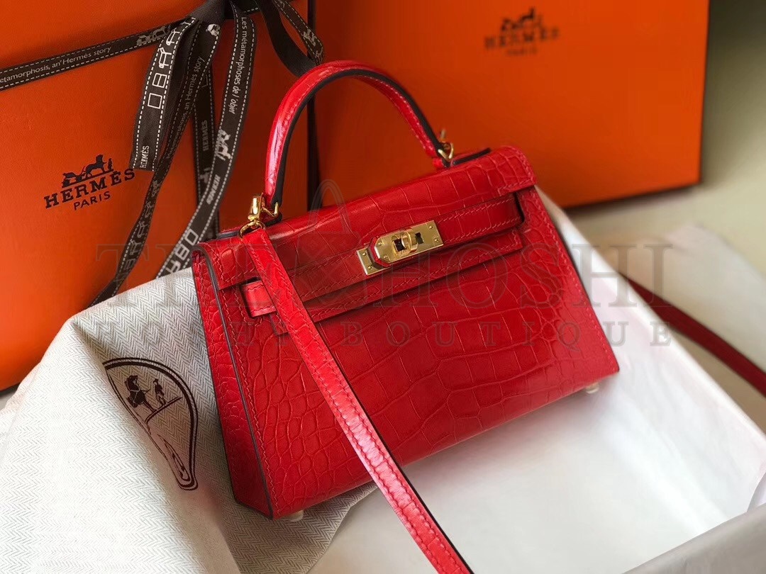 H**me5 Kelly Mini II Bag In Red Crocodile Embossed Leather Master Quality