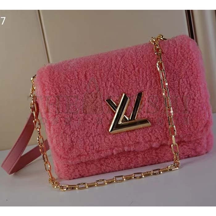 L0vis Vvtt0n LV Women Twist MM Handbag Pink Shearling Smooth Calfskin Leather Master Quality