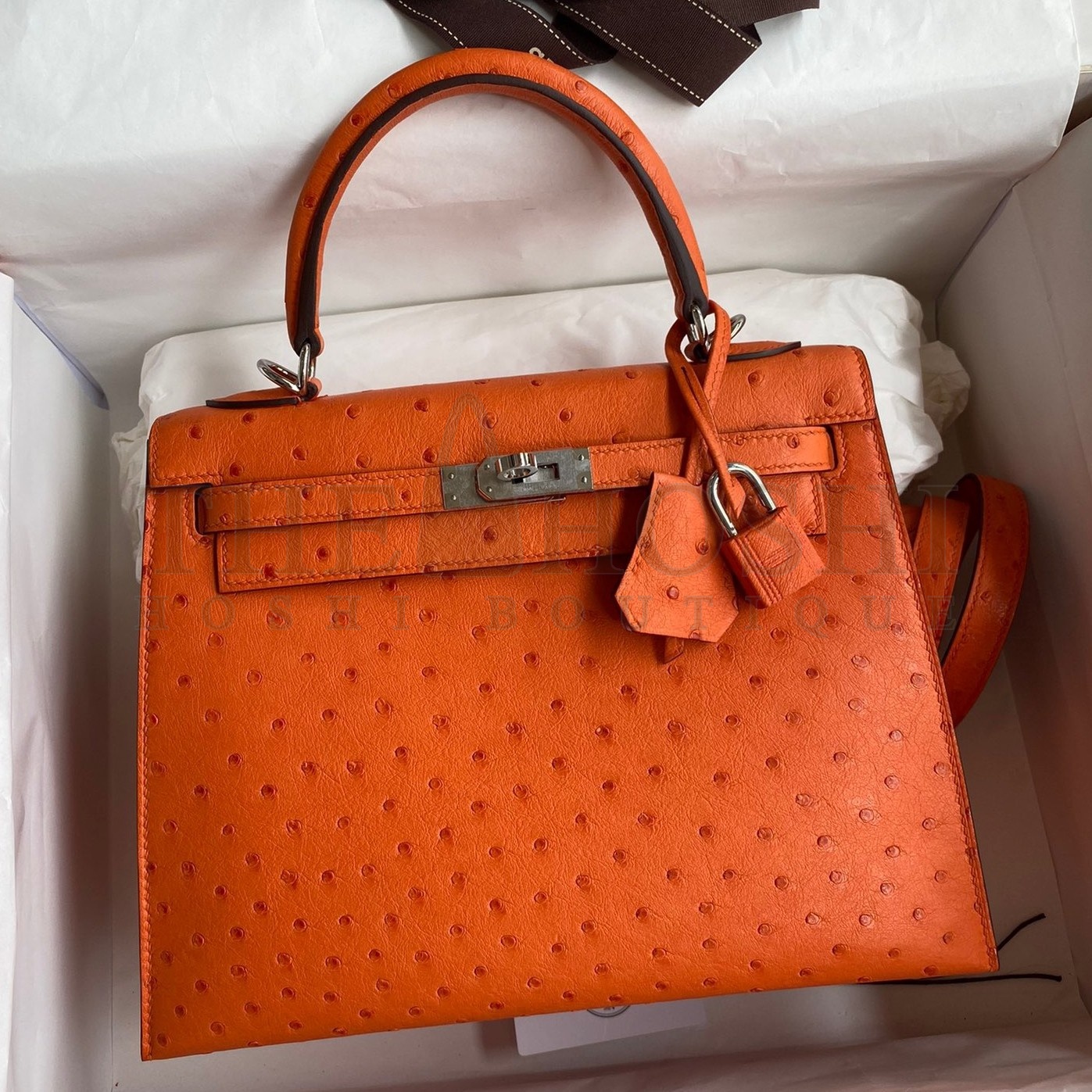 H**me5 Kelly Sellier 25 Handmade Bag In Orange Ostrich Leather Master Quality