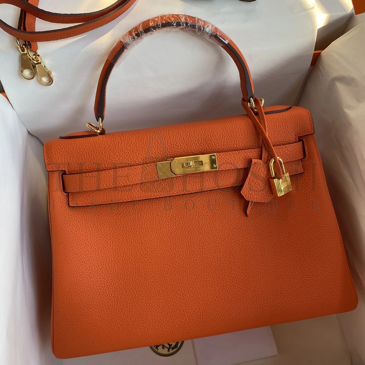 H**me5 Kelly Retourne 32 Handmade Bag In Orange Clemence Leather Master Quality