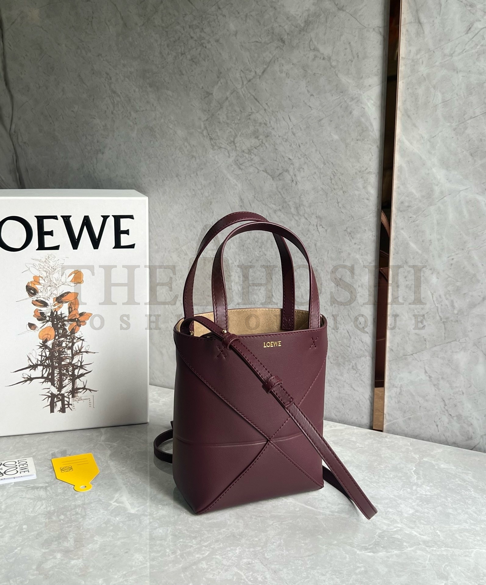 L0ew* Mini Puzzle Fold Tote Bag in Bordeaux Calfskin Master Quality