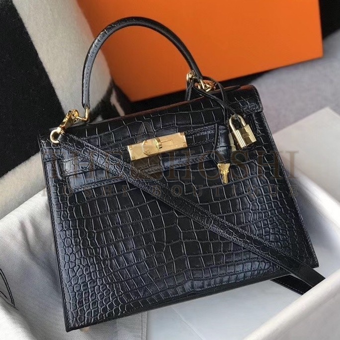 H**me5 Kelly 25cm Bag In Black Embossed Crocodile Master Quality
