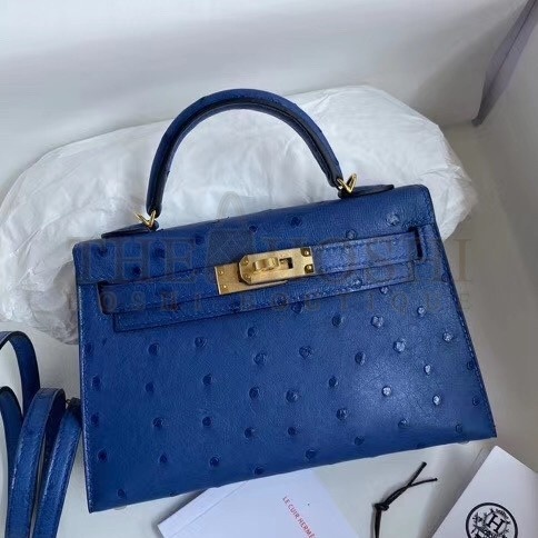 H**me5 Blue Electric Ostrich Kelly Mini II Handmade Bag Master Quality