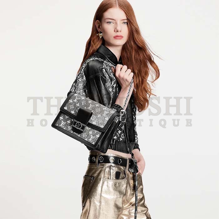 L0vis Vvtt0n LV Women Dauphine MM Handbag Gray Denim Textile Jacquard Master Quality