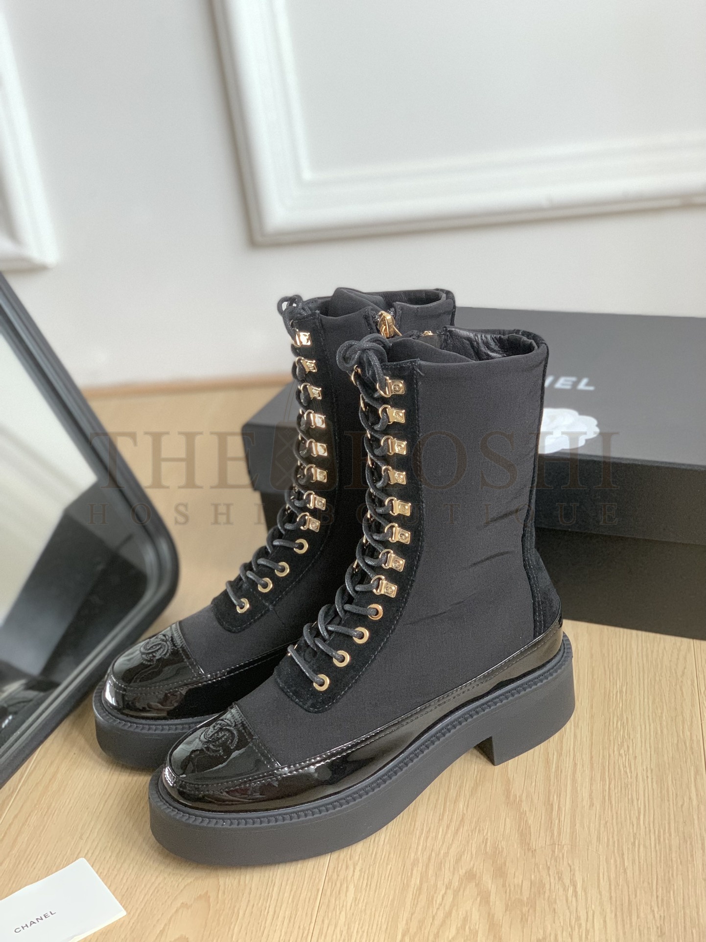 Ch**el BLACK GLOSSY ZIPPER BOOTS WITH GOLD ACCENTS SHOES Master Quality