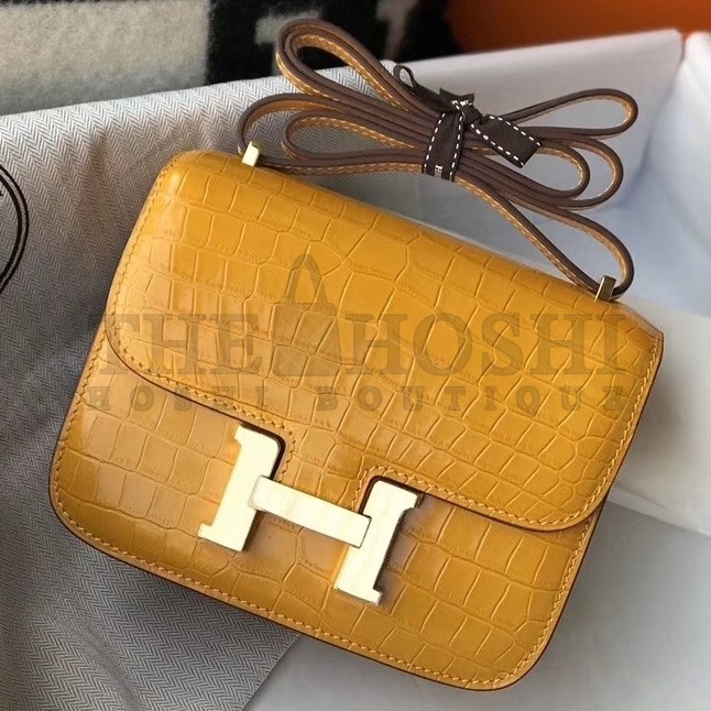 H**me5 Constance 18cm Bag In Yellow Embossed Crocodile Master Quality