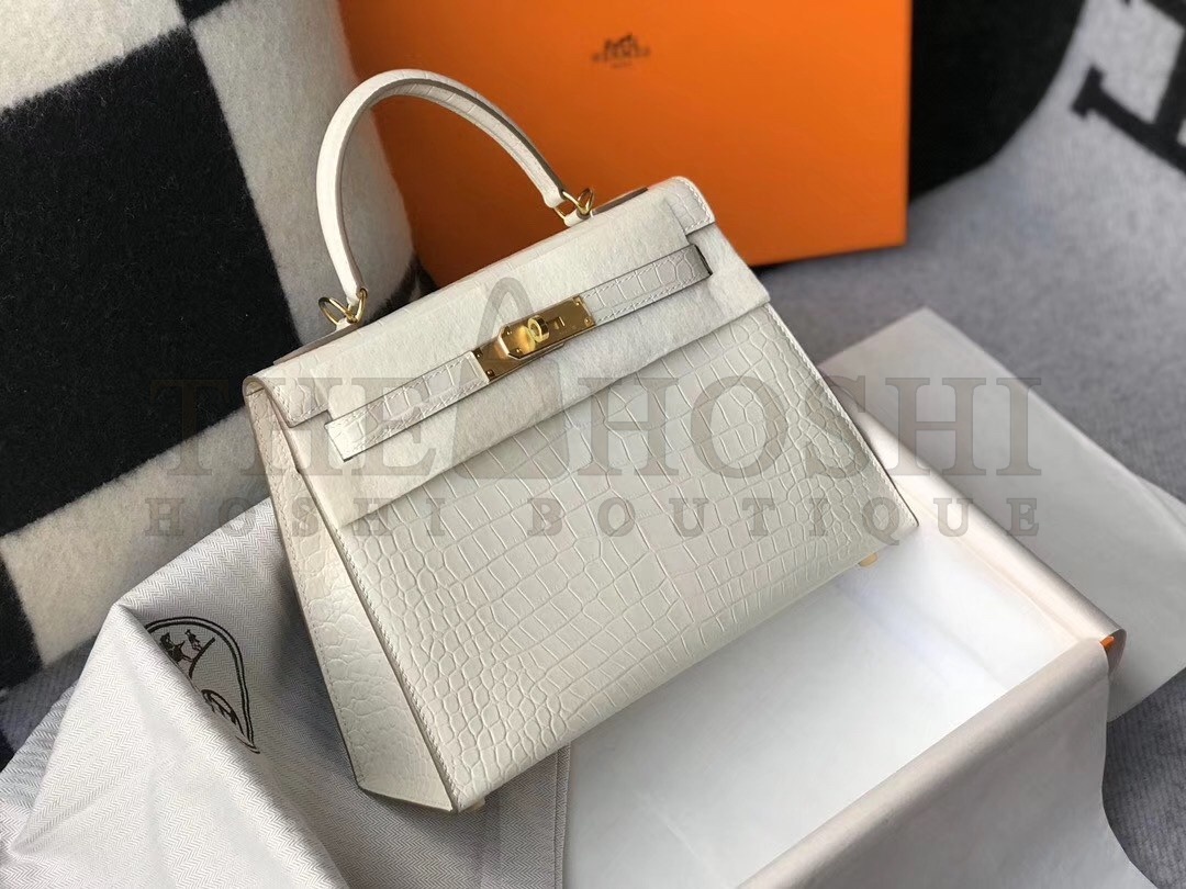 H**me5 Kelly 28cm Bag In White Embossed Crocodile GHW Master Quality