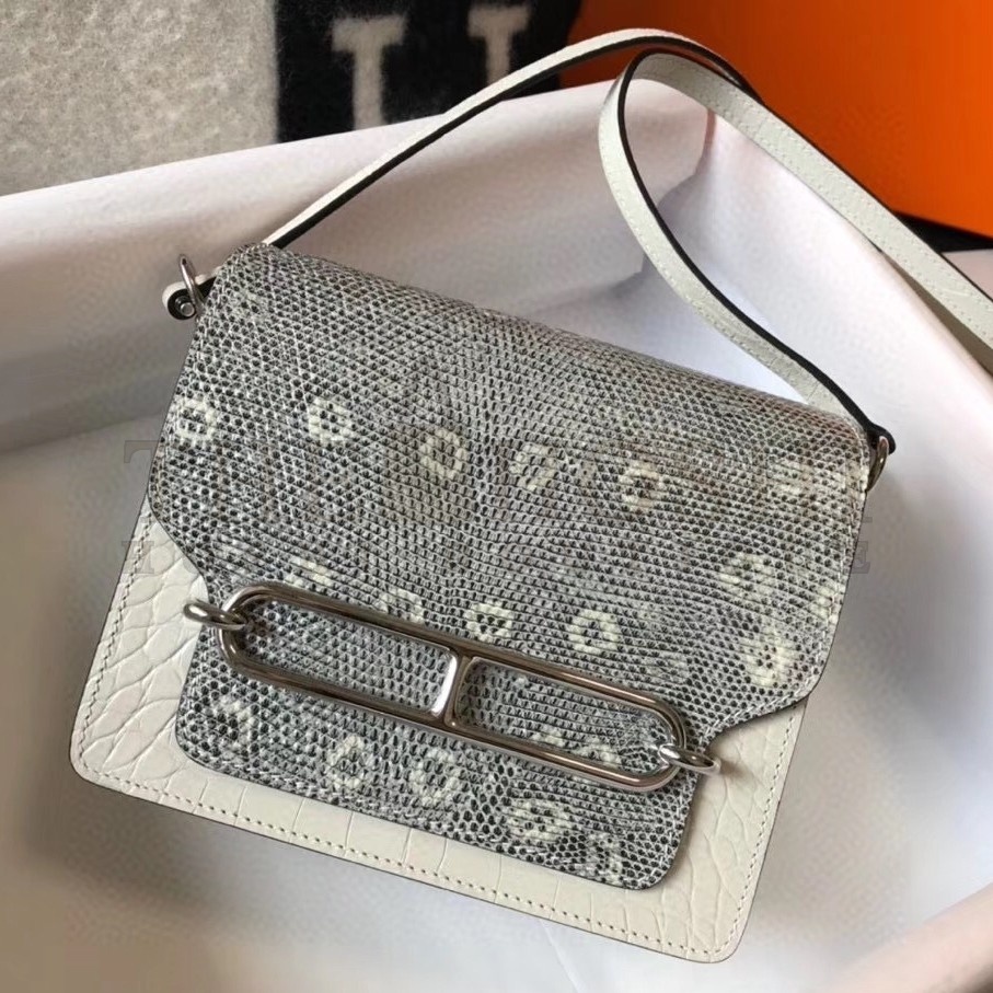 H**me5 Roulis Mini Bag In White Crocodile With Natural Lizard Master Quality