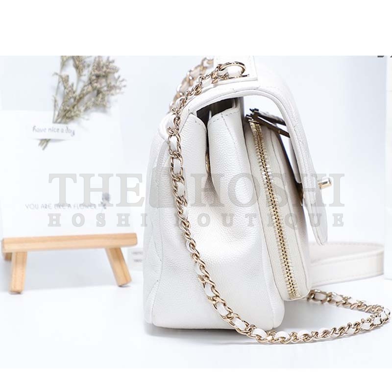 Ch**el Women Flap Bag with Top Handle in Grained Calfskin Leather-White Master Quality