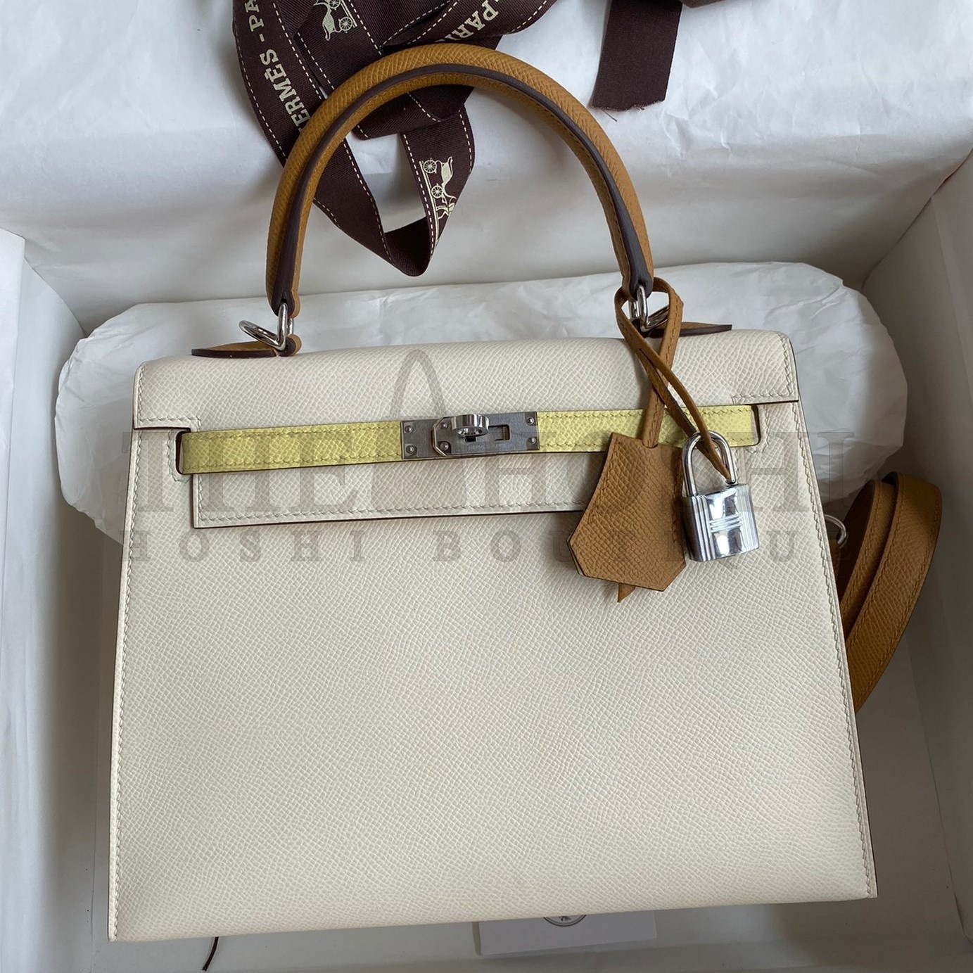 H**me5 Kelly Sellier 25 Tricolor Bag in Craie/Sesame/Yellow Epsom Calfskin Master Quality