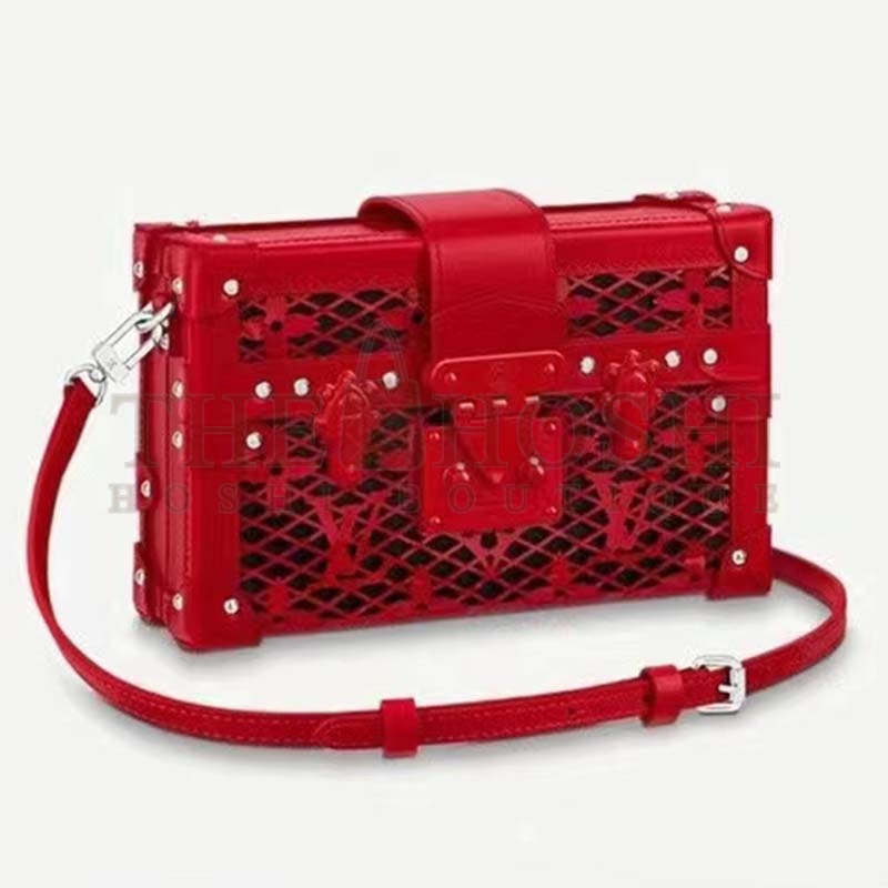 L0vis Vvtt0n LV Women Petite Malle Handbag Red Patent Calfskin Cowhide Leather Master Quality