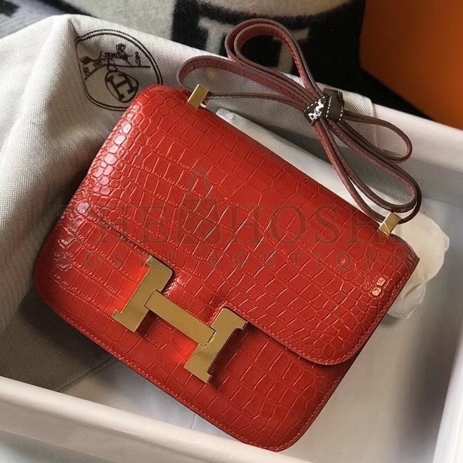 H**me5 Constance 24cm Bag In Red Embossed Crocodile Master Quality