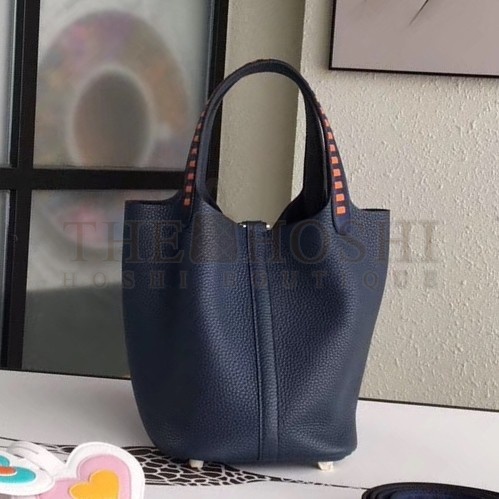 H**me5 Navy Blue Picotin Lock 18cm Bag With Braided Handles Master Quality