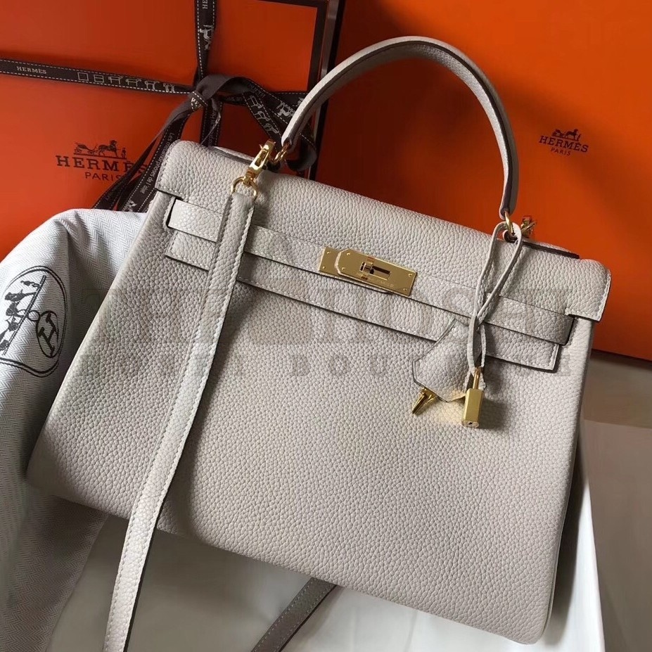 H**me5 Kelly 32cm Retourne Bag In Pearl Grey Clemence Leather Master Quality