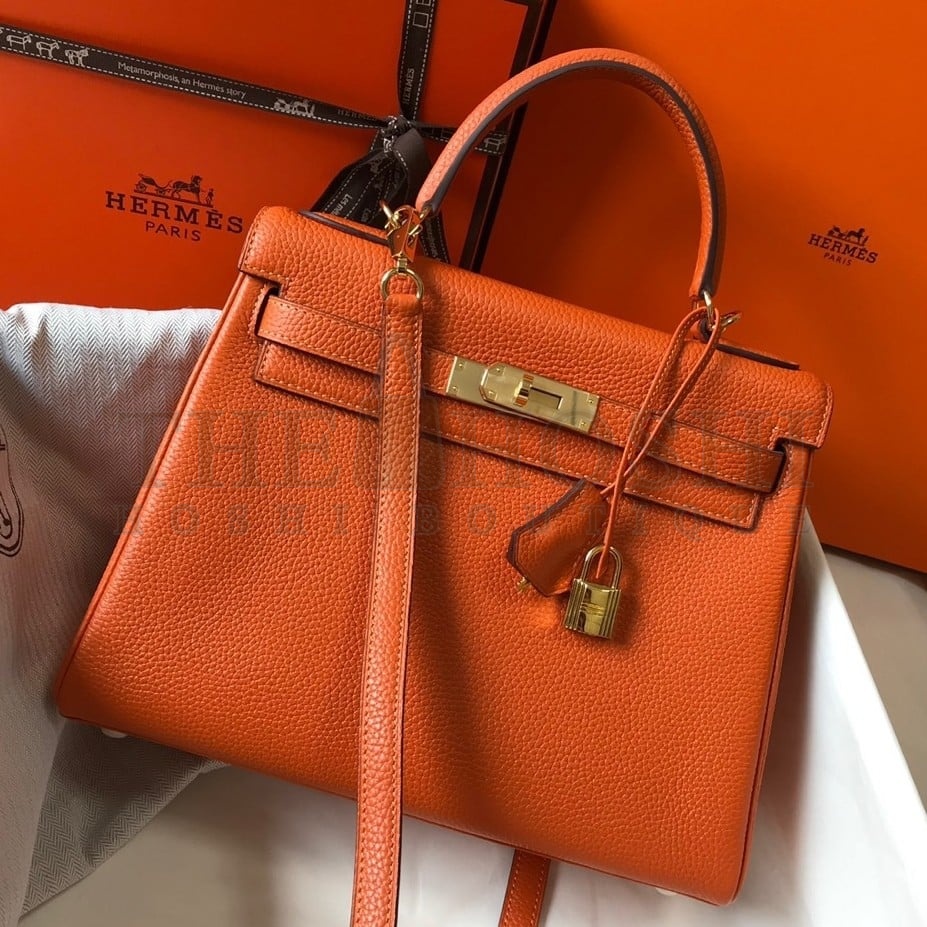H**me5 Kelly 25cm Retourne Bag in Orange Clemence Leather GHW Master Quality