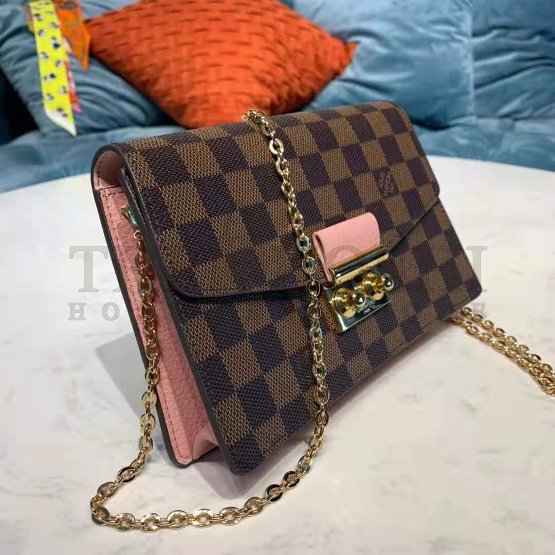 L0vis Vvtt0n LV Women Croisette Chain Wallet Magnolia Pink Damier Ebene Coated Canvas Master Quality