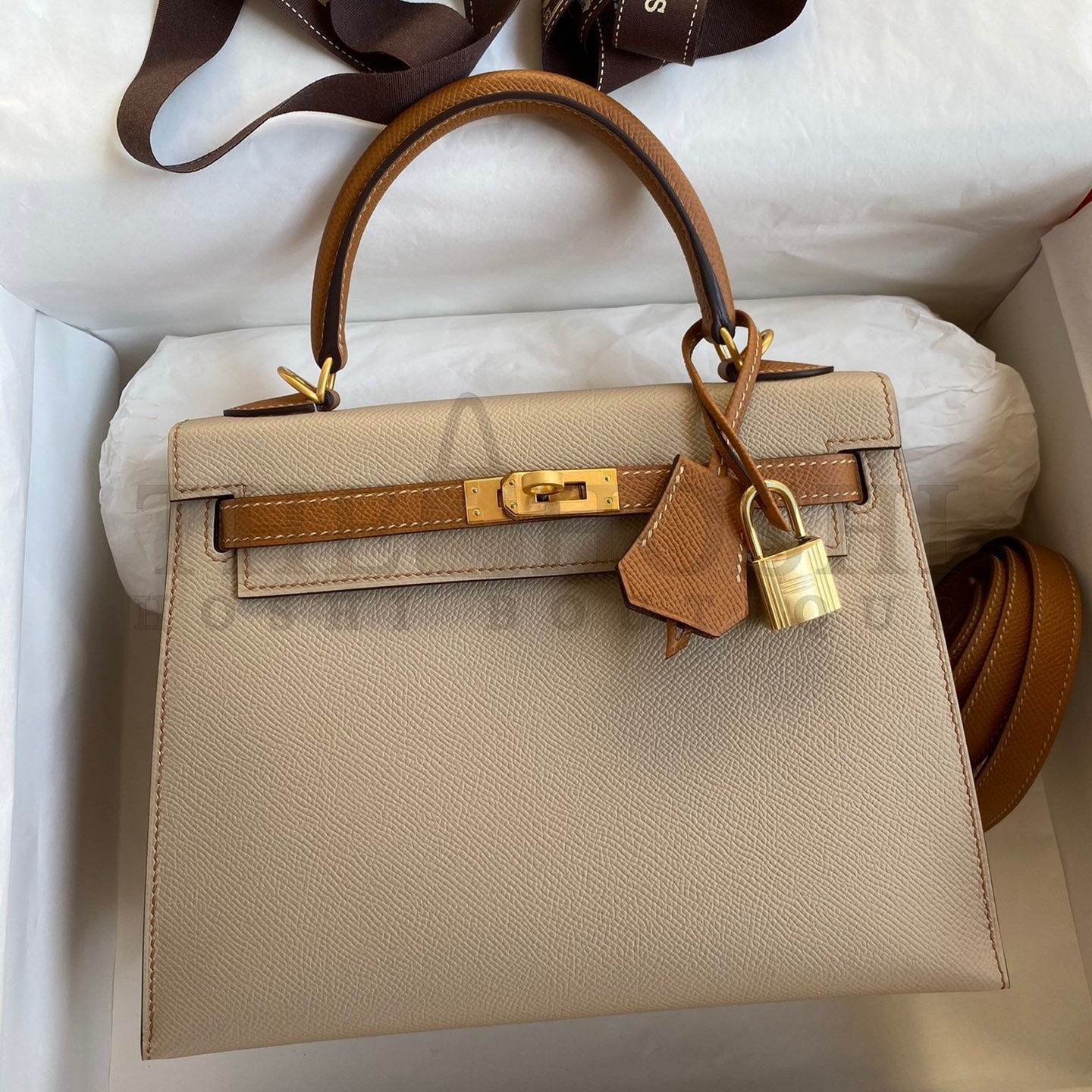 H**me5 Kelly Sellier 25 Bicolor Bag in Trench and Craie Epsom Calfskin Master Quality