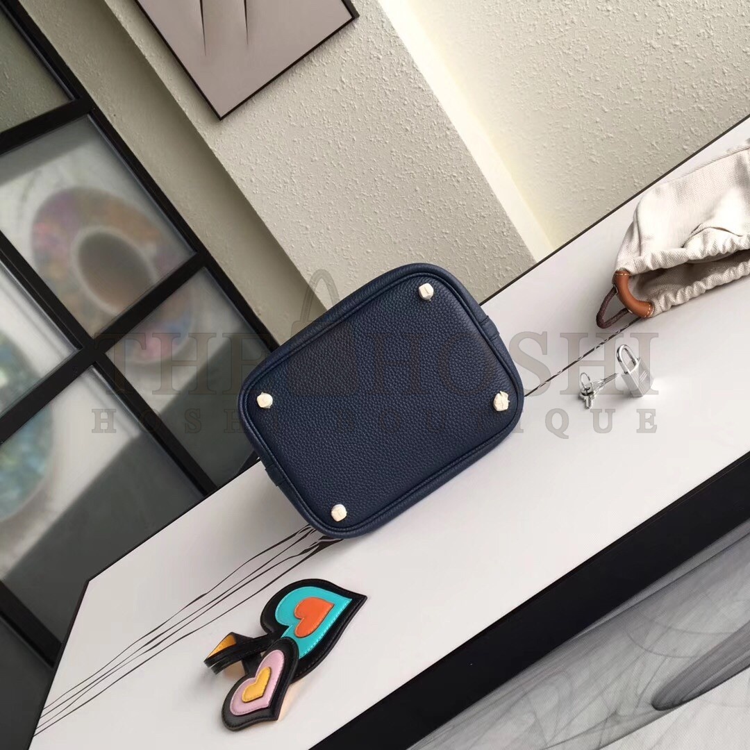 H**me5 Navy Blue Picotin Lock 18cm Bag With Braided Handles Master Quality