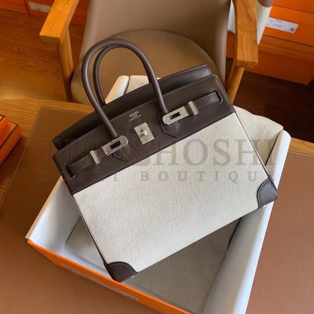 H**me5 Birkin 25 Handmade Bag In Toile & Chocolat Swift Leather Master Quality