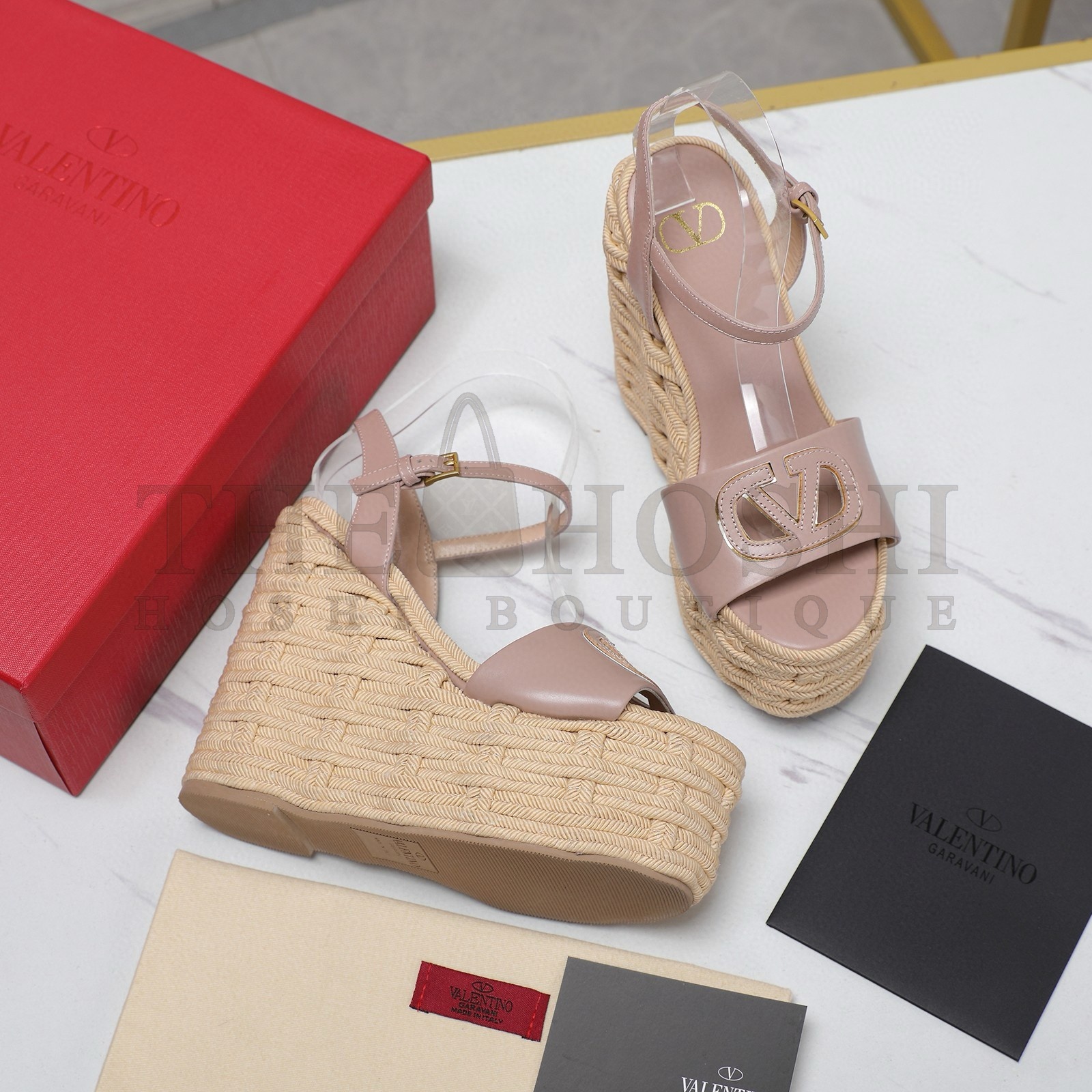 Va1e*ntin0 VLogo Cut-out Espadrille Wedge Sandals in Beige Leather Master Quality