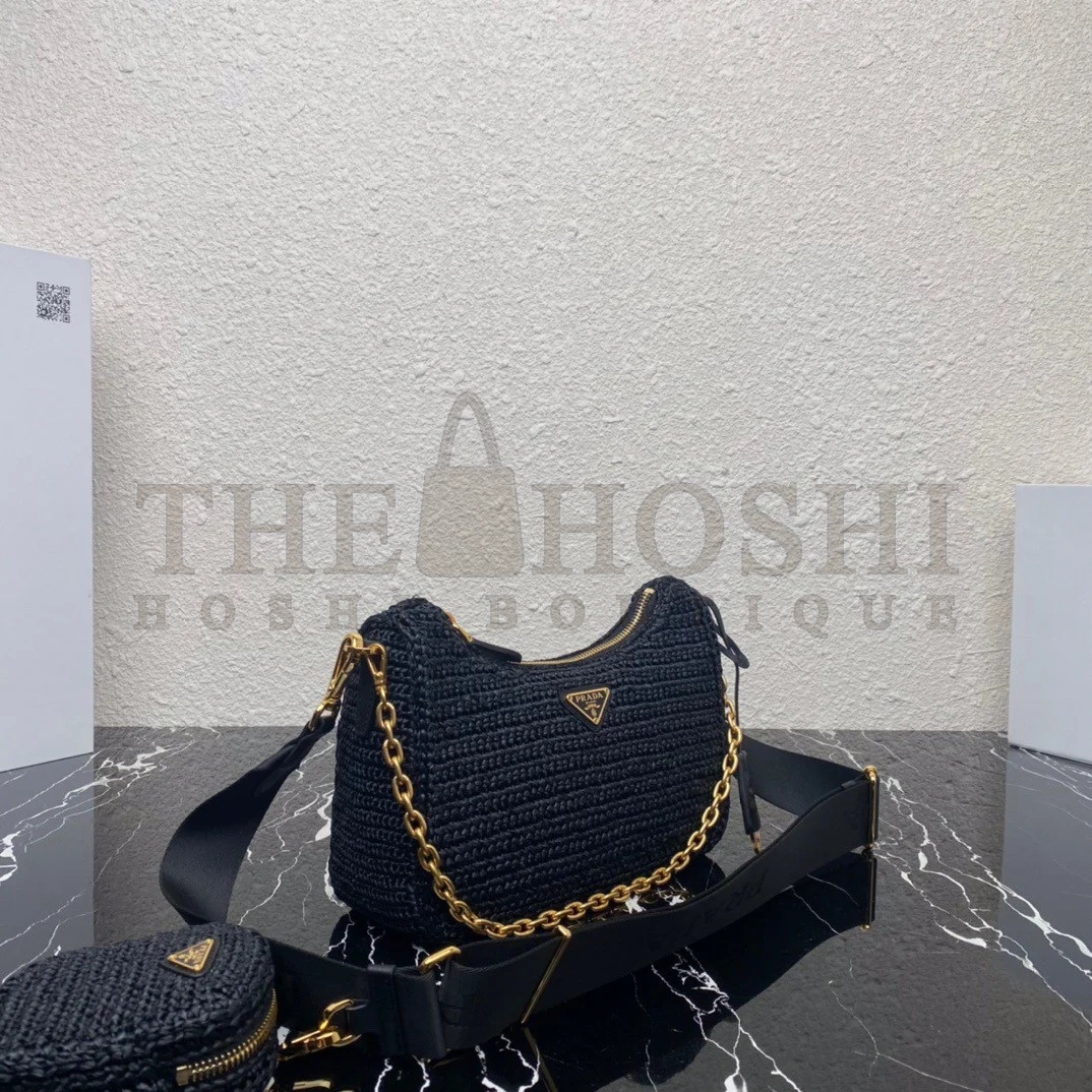 Pra*a Re-Edition 2005 Shoulder Bag In Black Raffia Master Quality