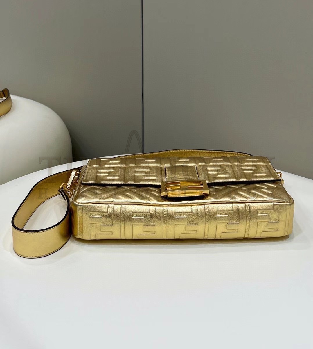 F**di Large Baguette Bag In Gold FF Metallic Leather Master Quality
