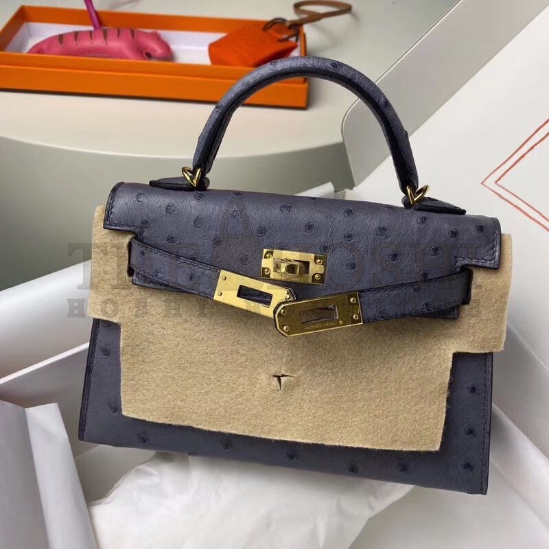H**me5 Gris Agate Ostrich Kelly Mini II Handmade Bag Master Quality