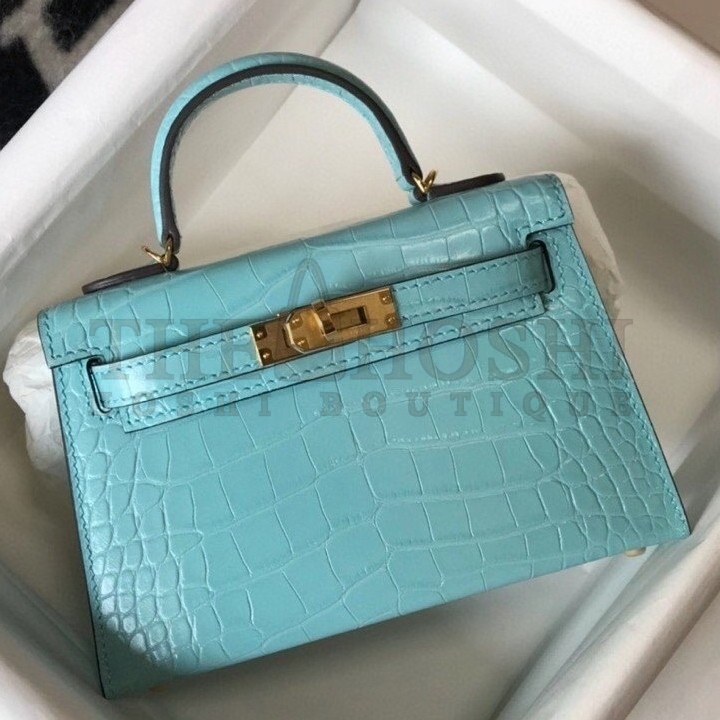 H**me5 Kelly Mini II Bag In Blue Atoll Embossed Crocodile Calfskin Master Quality