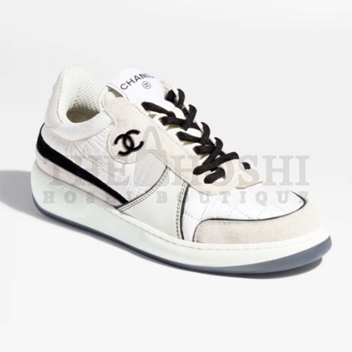 Ch**el Women CC Sneakers Fabric Suede Calfskin Calfskin White Light Gray Master Quality