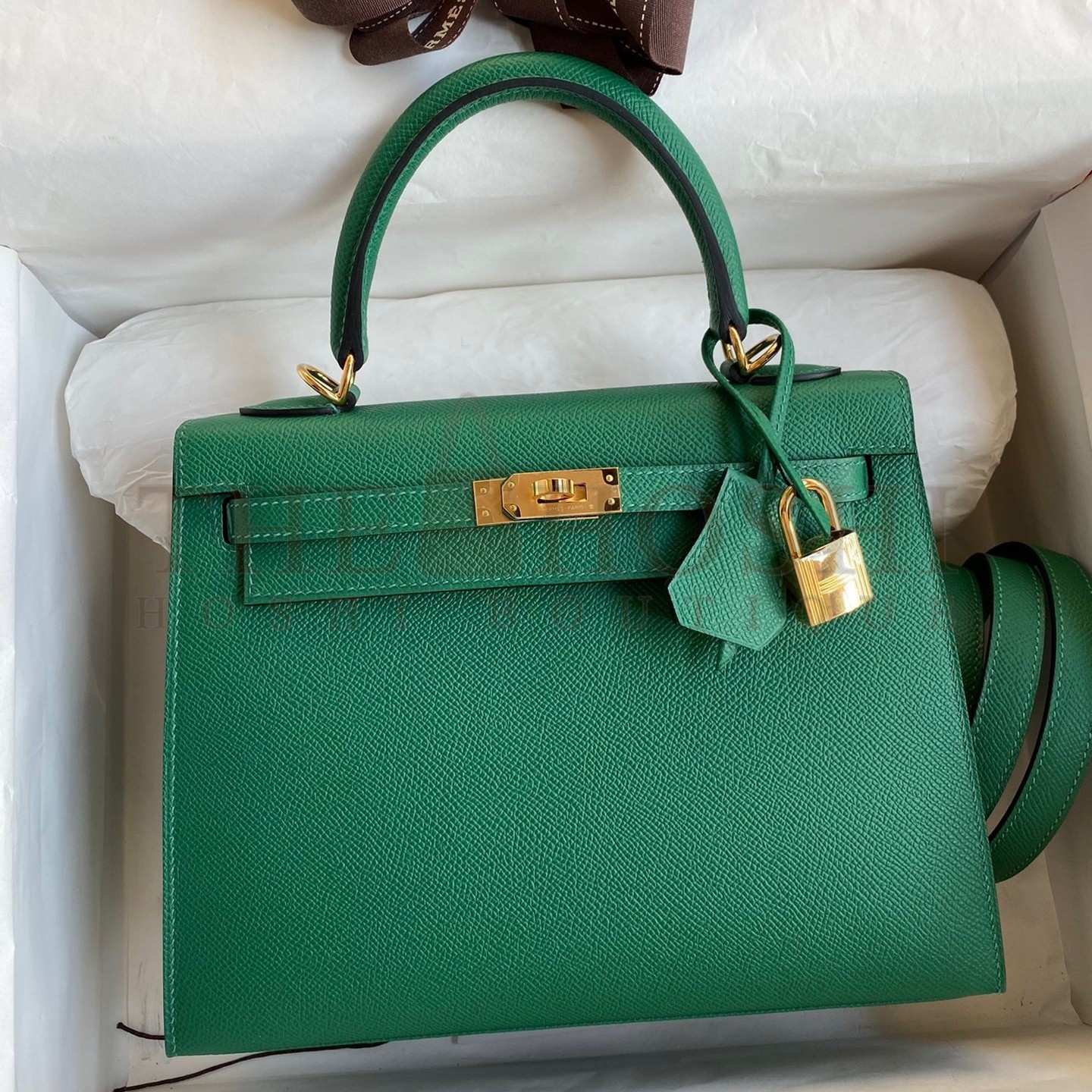 H**me5 Kelly Sellier 25 Handmade Bag In Vert Vertigo Epsom Calfskin Master Quality