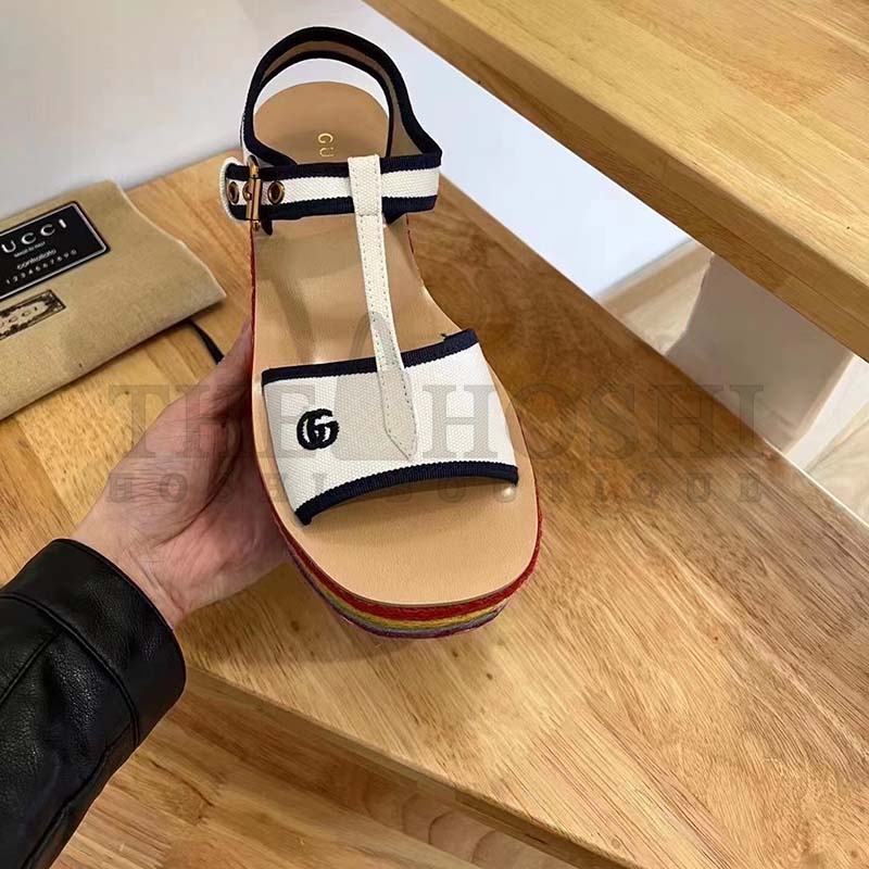 Gvc*1 Women G2 Platform Sandals White Cotton Double G Embroidery 7 Cm Heel Master Quality