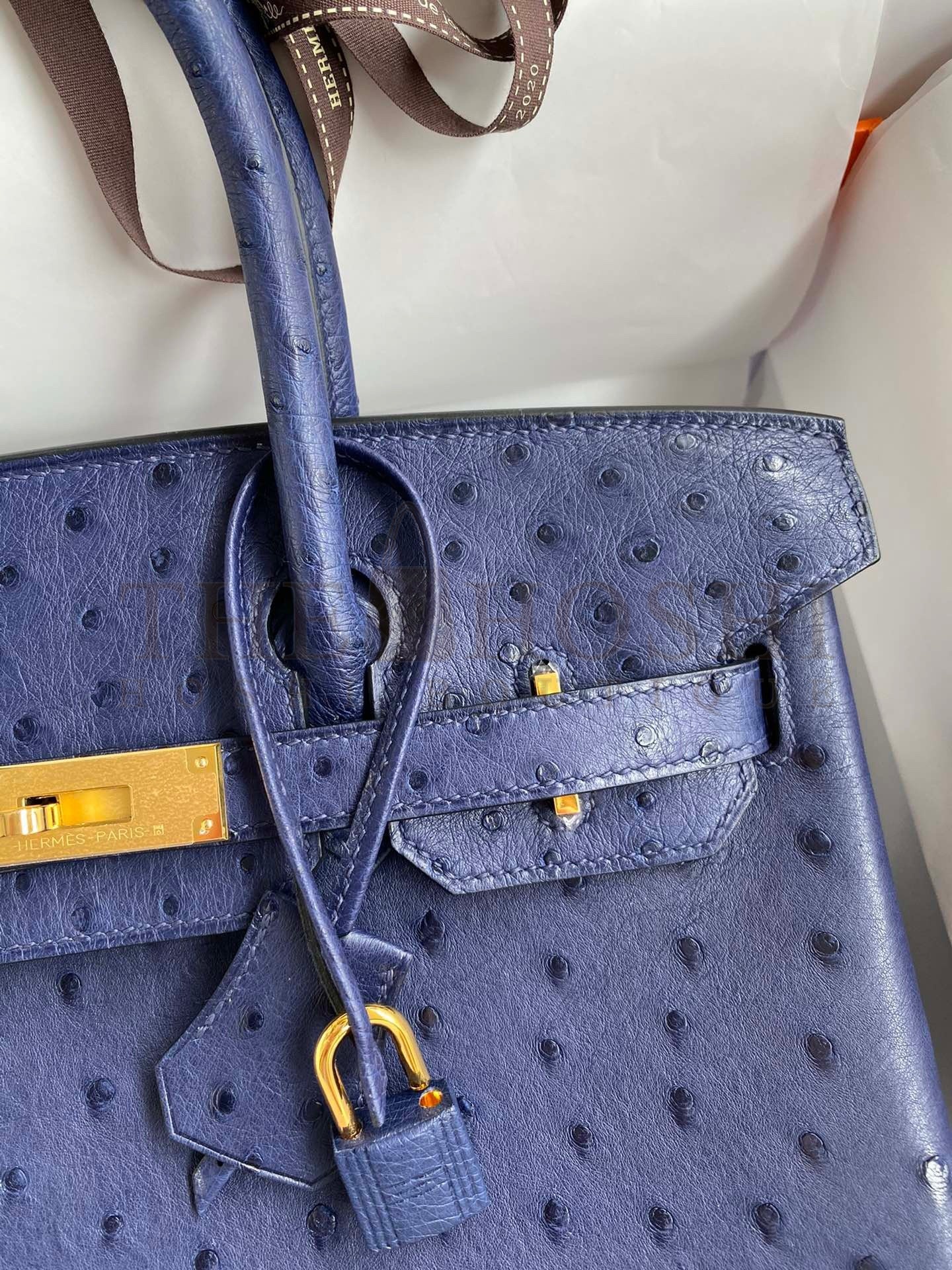 H**me5 Birkin 30 Retourne Handmade Bag In Blue Iris Ostrich Leather Master Quality