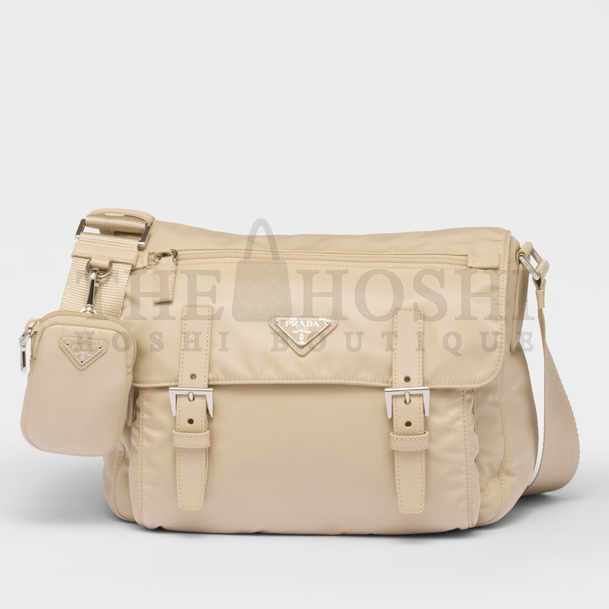 Pra*a Shoulder Bag with Flap in Beige Re-Nylon Master Quality