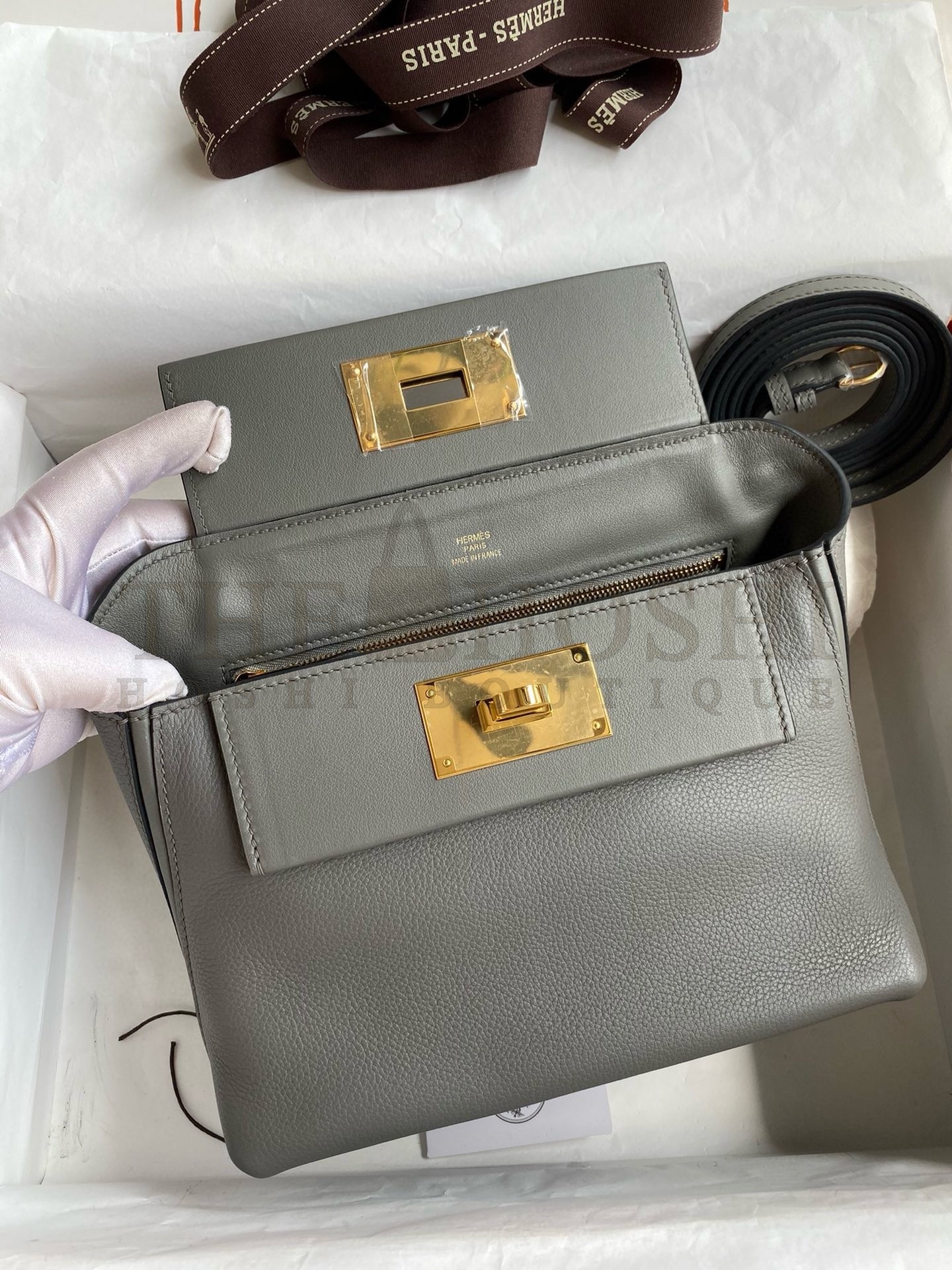 H**me5 24/24 Mini 21 Handmade Bag in Gris Meyer Evercolor Leather Master Quality