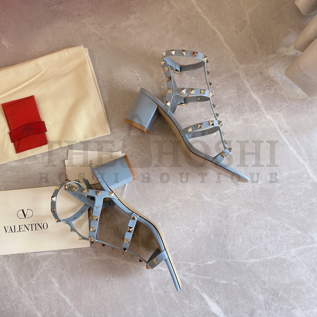 Va1e*ntin0 Rockstud Ankle Strap Sandals 60mm In Blue Calfskin Master Quality