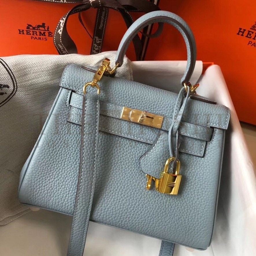 H**me5 Mini Kelly 20cm Bag In Blue Lin Clemence Leather Master Quality
