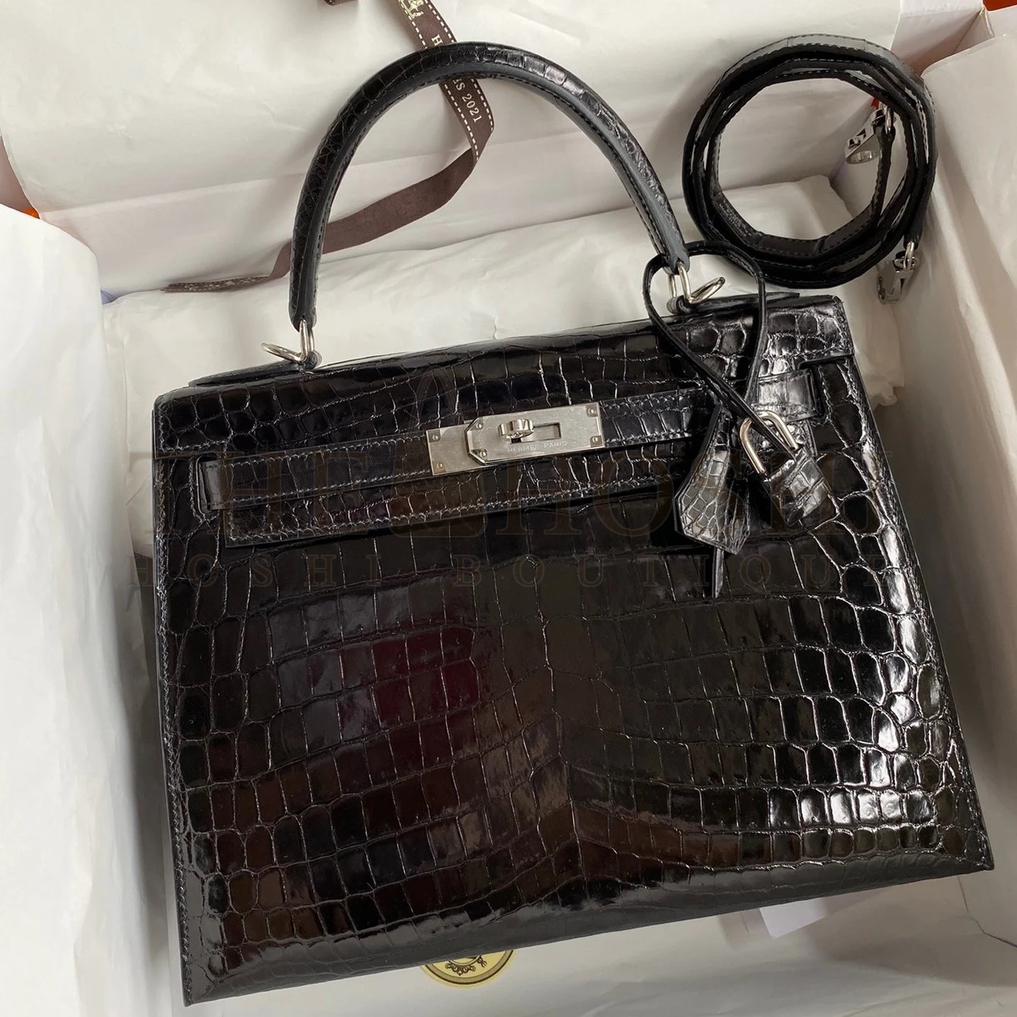 H**me5 Kelly Sellier 28 Handmade Bag In Black Crocodile Niloticus Shiny Skin Master Quality