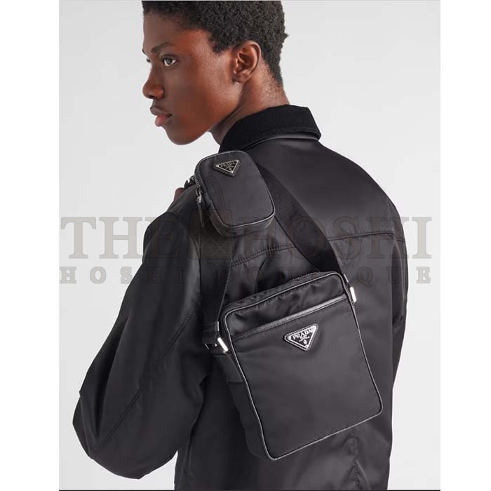 Pra*a Unisex Re-Nylon Saffiano Shoulder Bag Black Zipper Closure Fabric Leather Master Quality